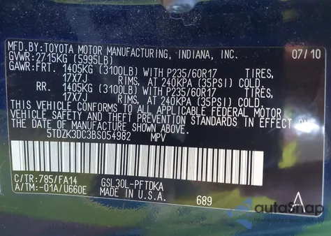 2011 Toyota Sienna Base V6 из США, поврежденный, VIN 5TDZK3DC3BS054982